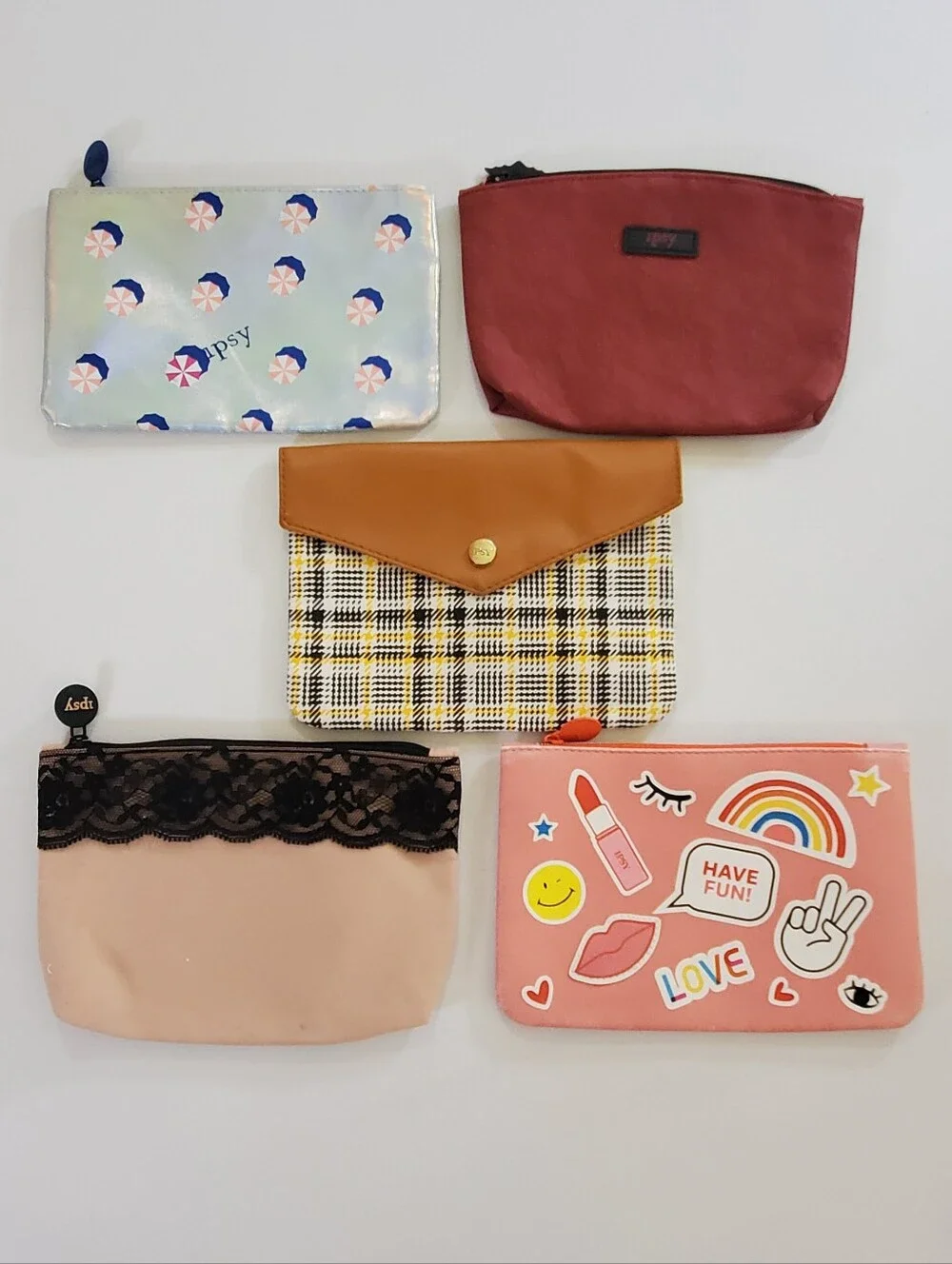IPSY Bags Set of 5 Assorted Cosmetic Bags Umbrella Bat Plaid Lace Posi-Vibes